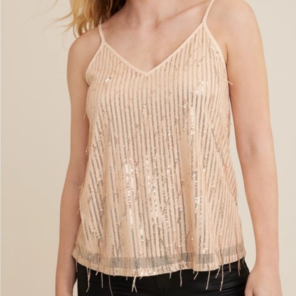 Sequin Embellished Cream Cami/ Tank Top 3X holiday cocktail party dancing chic